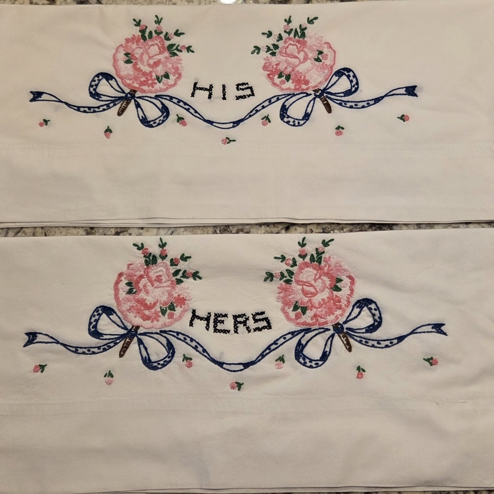 Vintage Pair Hand Embroidered Pillowcases His & Hers Pink Flowers Cottagecore